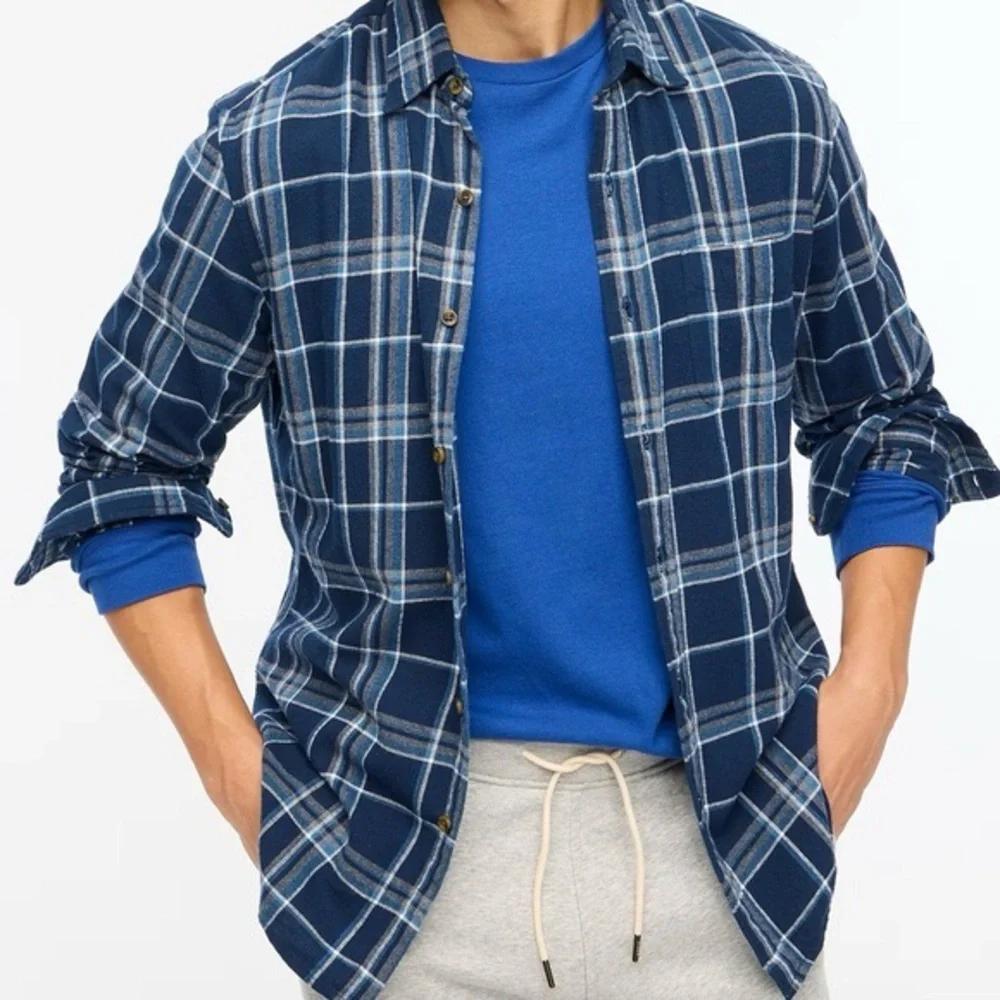 J Crew Mens Flannel Slim Fit Shirt Sz Small Blue Gray Plaid Button-Up New